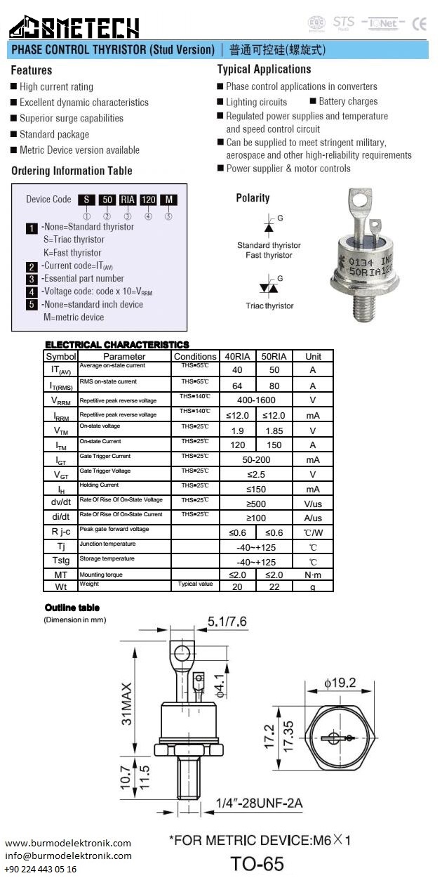 50RIA120  50 AMPER 1200 VOLT VİDALI TRİSTÖR